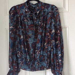 Rachel Zoe Teal/Turquoise and Brown Floral Sheer Smocked Top, size S